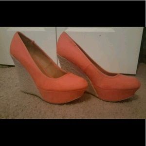 Coral suede wedges
